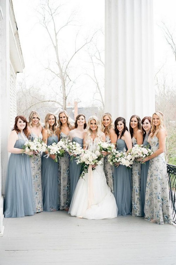 Dusty blue and floral mix and match jenny yoo bridesmaid dresses