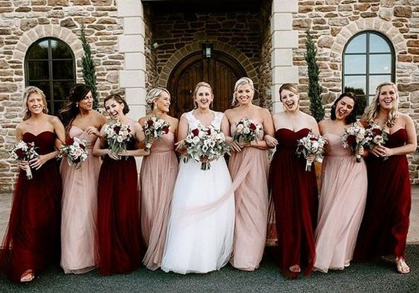 maroon and blush bridesmaid dresses