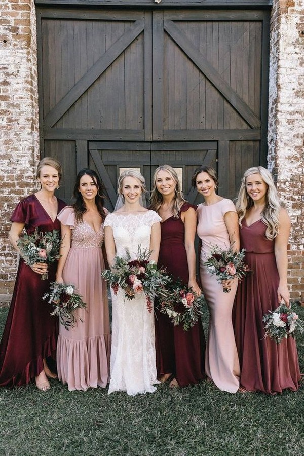 maroon and blush bridesmaid dresses