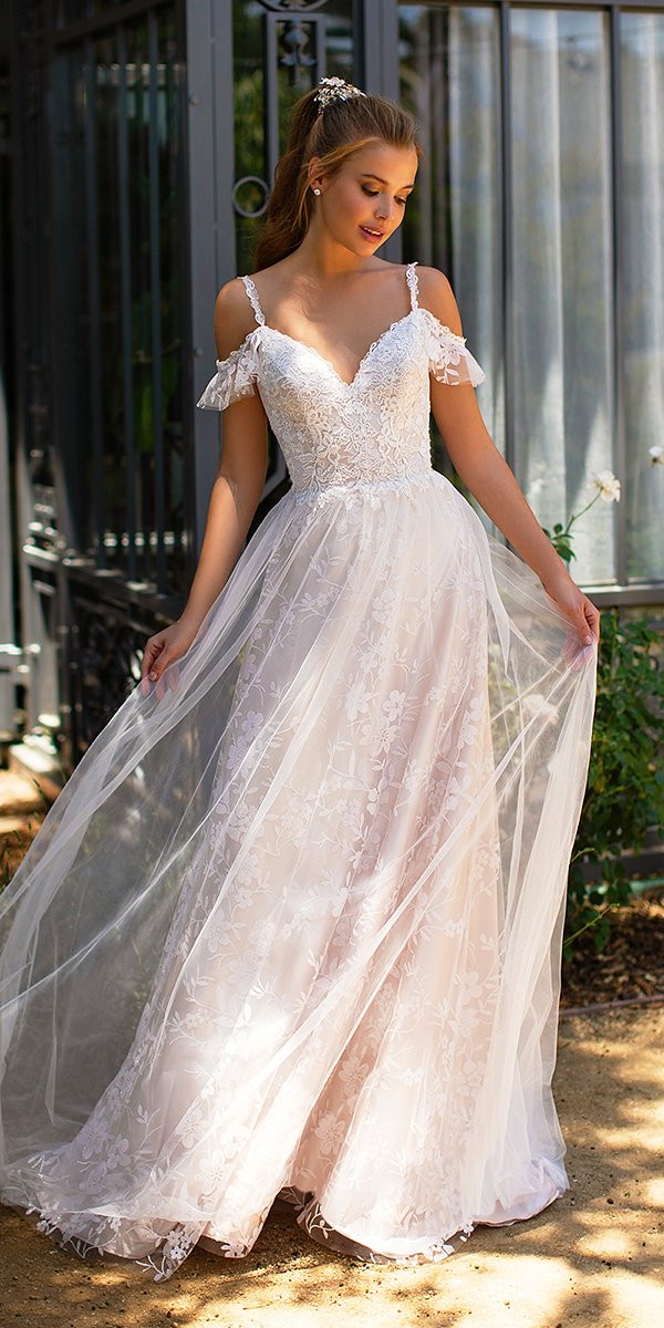 lace wedding dresses a line with spaghetti straps sweetheart neckline val stefani