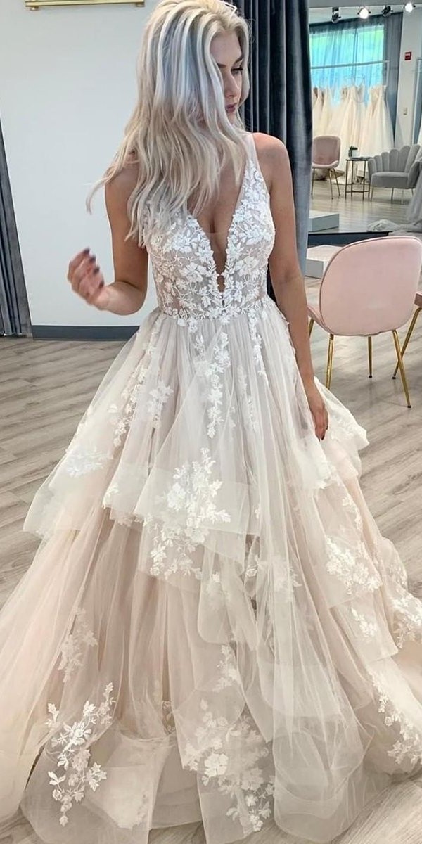 lace wedding dresses ball gown deep v neckline blush ruffled skirt martinalianabrida