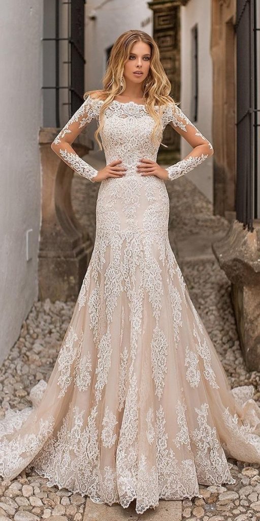 Lace Wedding Dresses Fit And Flare With Illusion Long Sleeves Lace Blush Navibluebridal Official 512x1024 