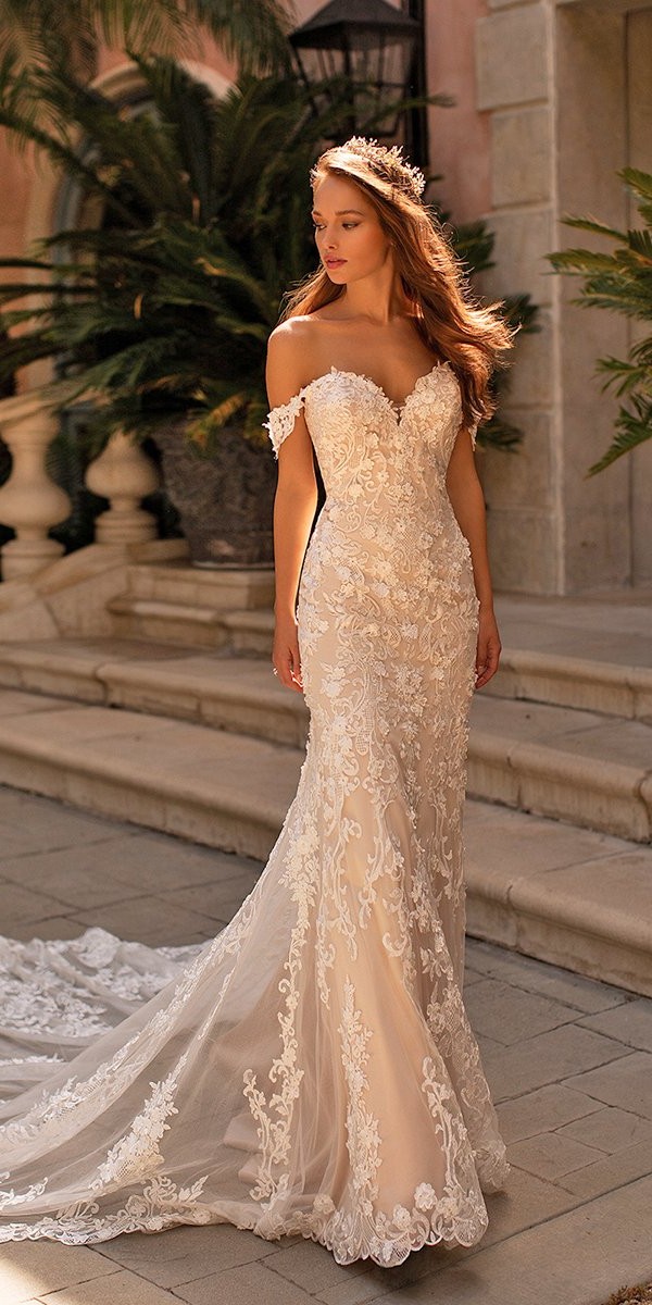 moonlight wedding dresses trumpet sweetheart neckline lace off the shoulder lace floral appliques