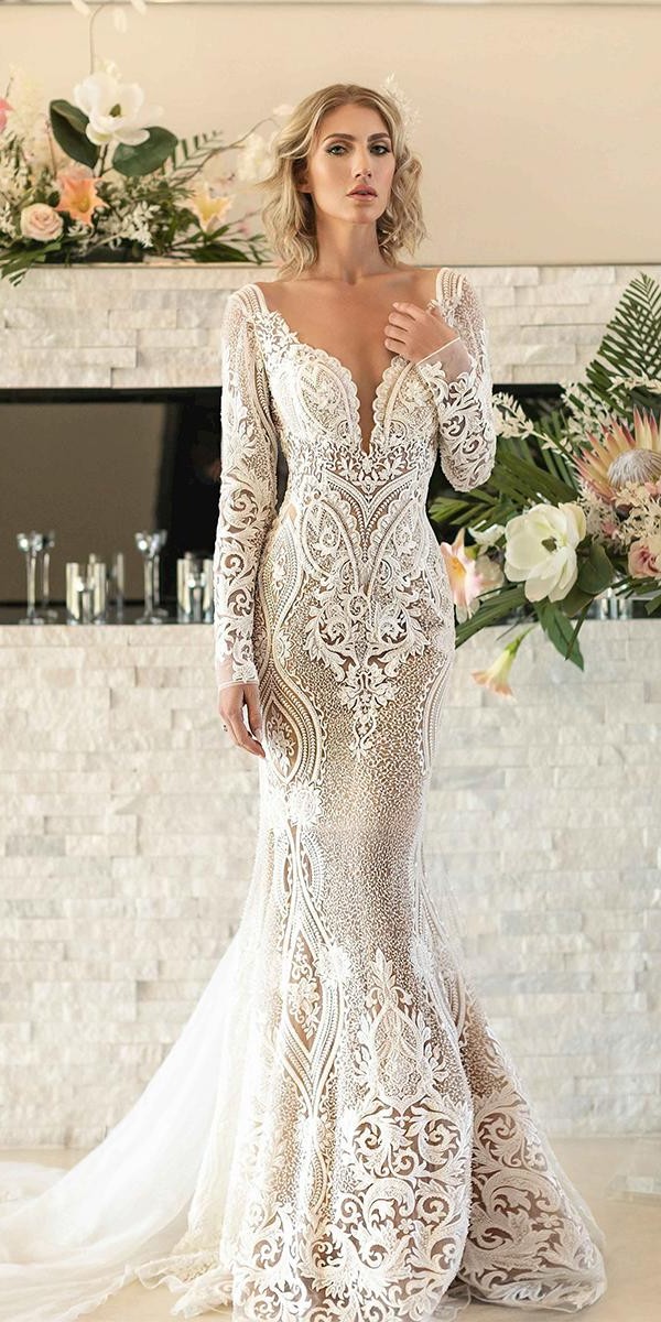 Trumpet Wedding Dresses With Long Sleeves Plunging Neckline Lace Unique 